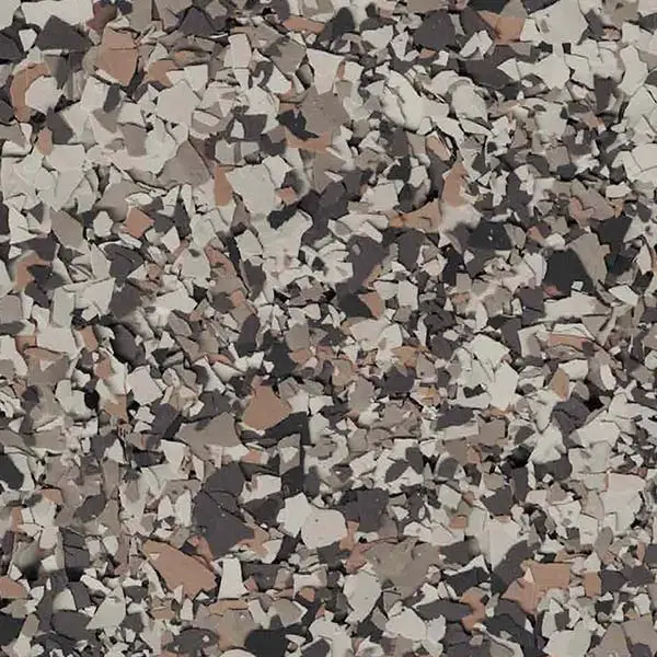 The image features a close-up view of a textured surface with an abstract pattern of scattered, multicolored flakes in earthy tones.