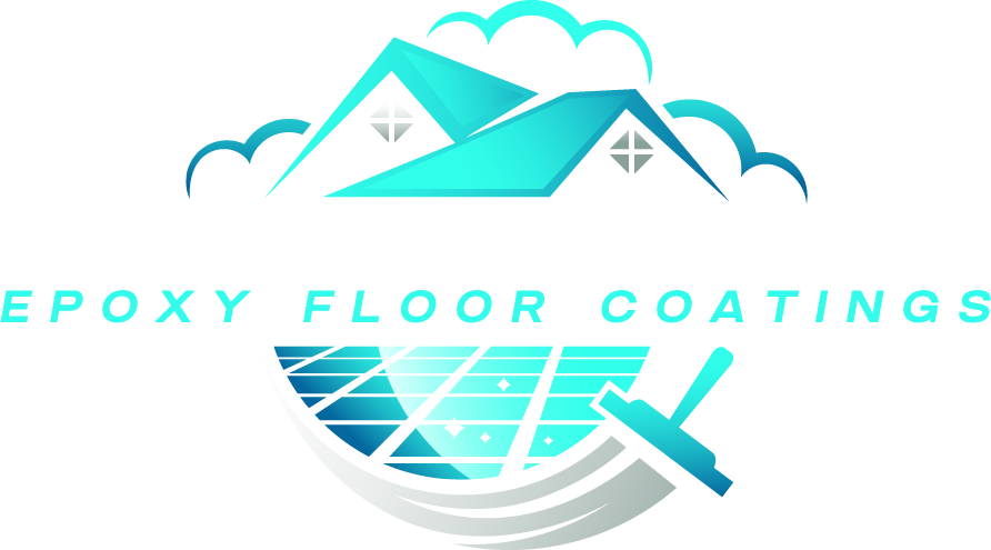 Logo featuring stylized house roof, clouds, and tiled floor with squeegee. Text reads "EPOXY FLOOR COATINGS" below the imagery.